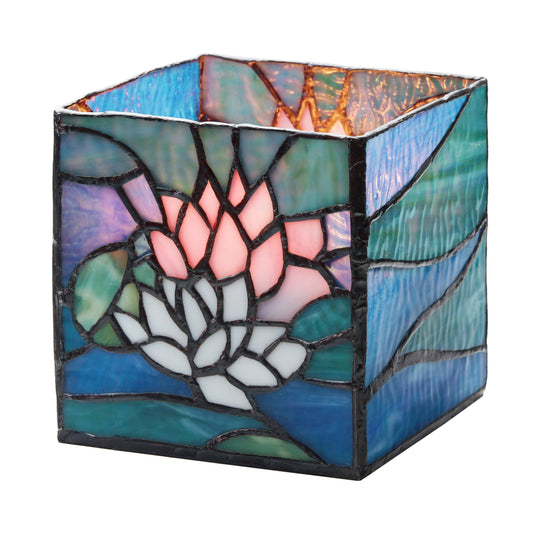 4.75"W Blue Lotus Pond Stained Glass Candle Holder