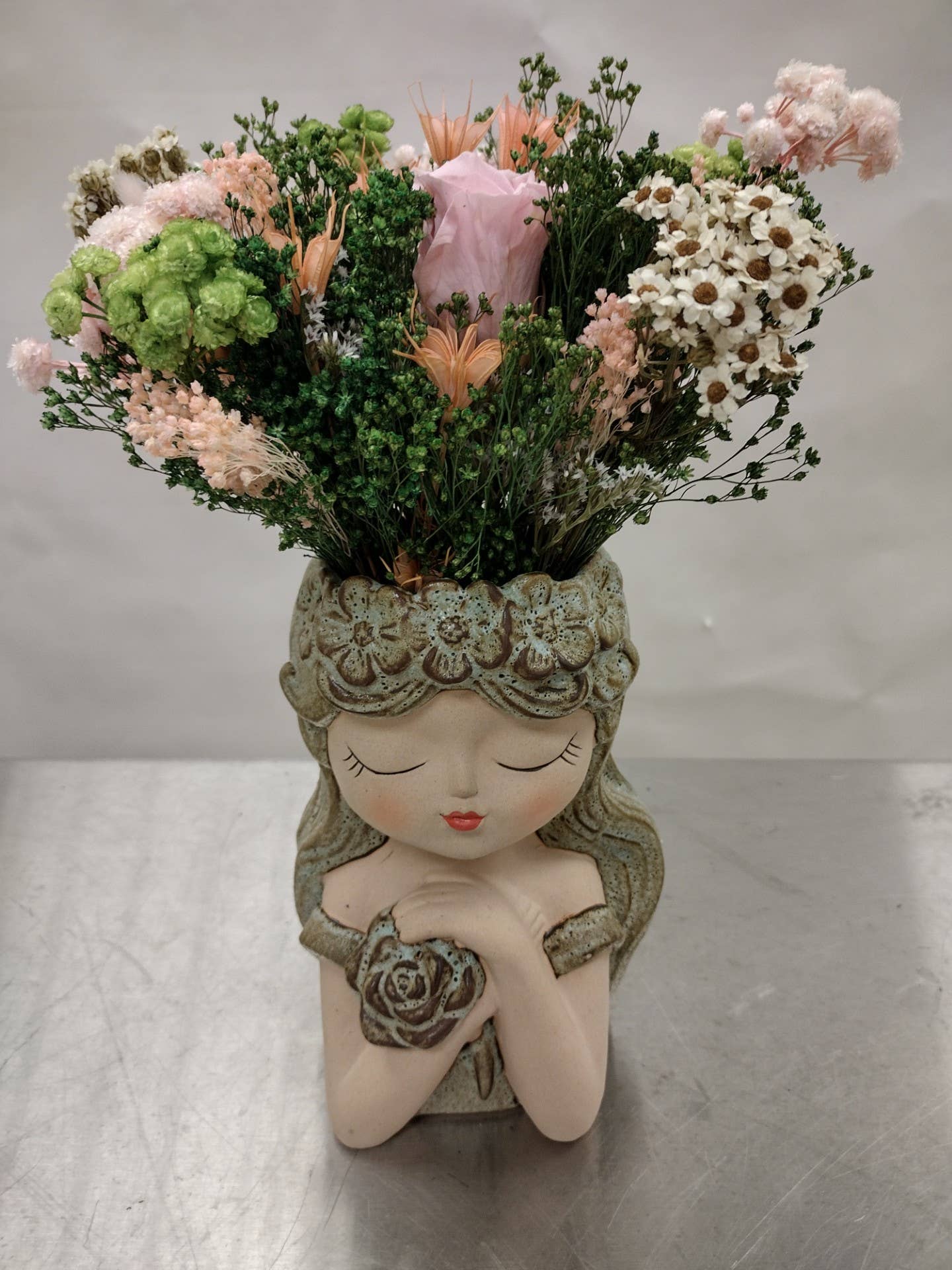 Planter, Girl w/ Crossed Arms Holding Flower