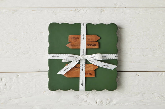 Square Scalloped Cheese Board with Cheese Markers, Small, Spruce Green