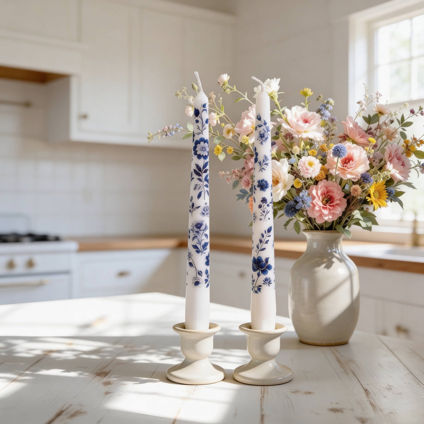 Blue Floral Chinoiserie Taper Candles for Decor and Gifts