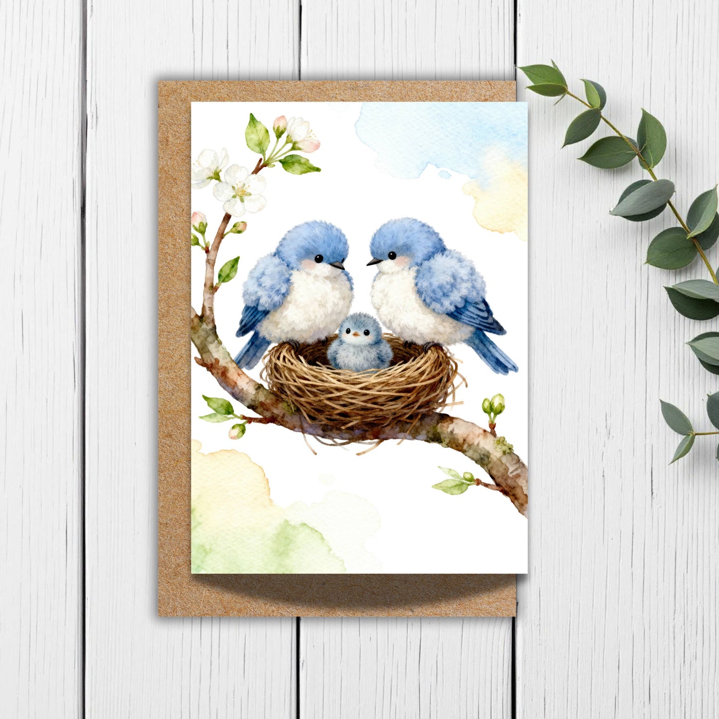 Spring Bird Family Nest Watercolor Greeting Card