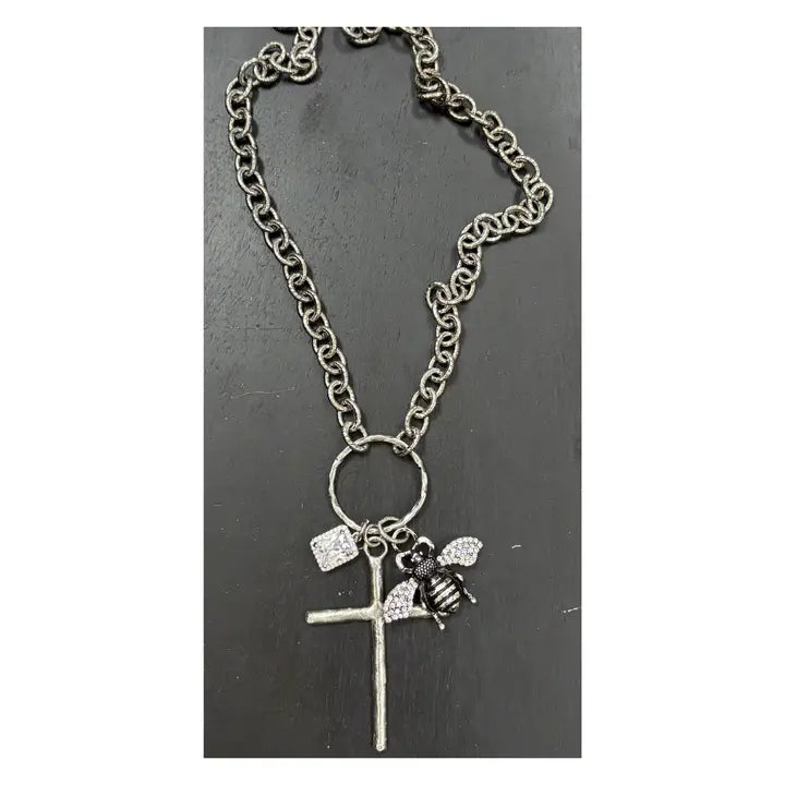 32" Antique Silver Chain Necklace with Silver Pewter, Crystal and Pave' Pendants