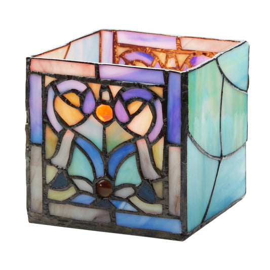 4.75"H Ilsa Blue Flourishes Stained Glass Candle Holder