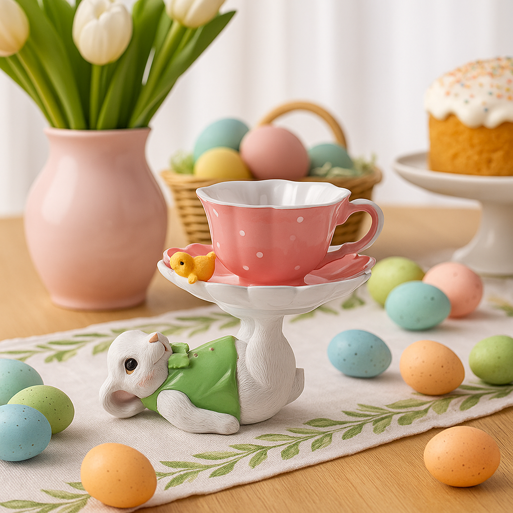 Bunny with Pink Teacup Figurine