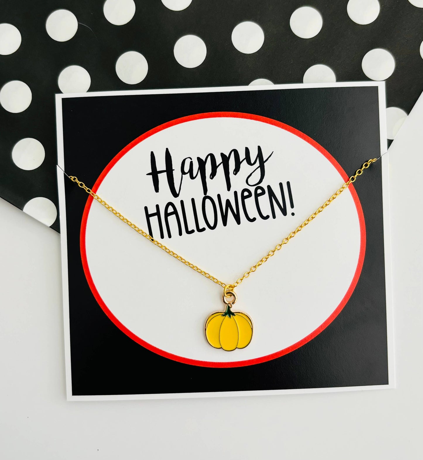 Happy Halloween Pumpkin Necklace On Stationary Card