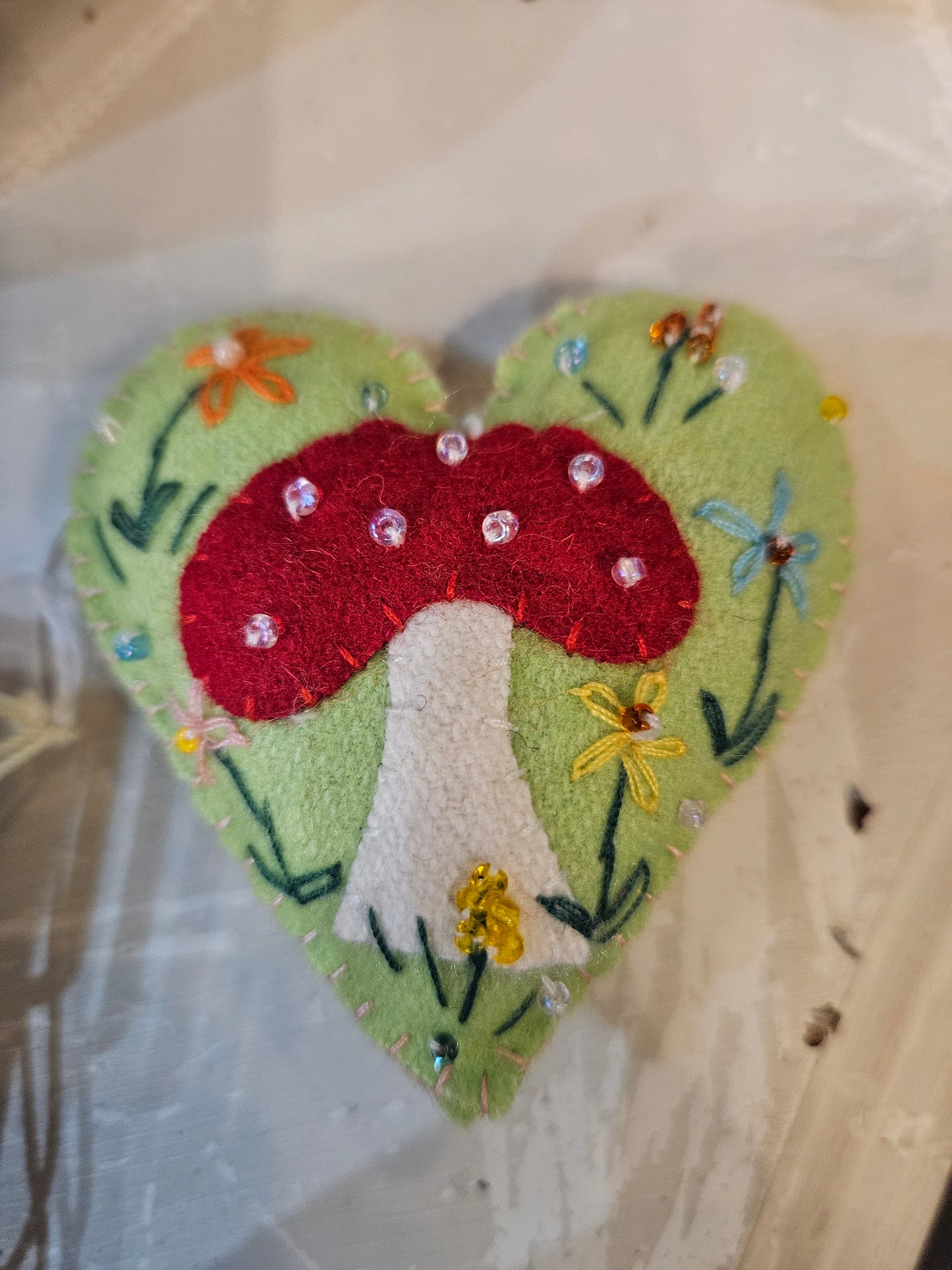 Plush Green Heart with Mushroom Ornament