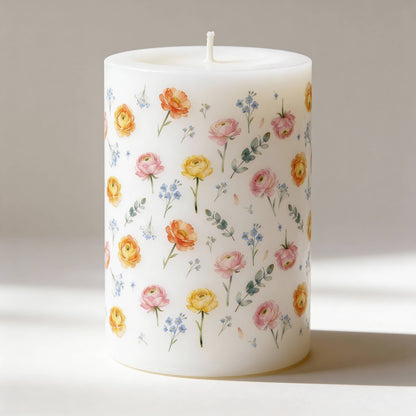 Spring Floral Pillar Candle for Tablescapes, Gifts and Decor