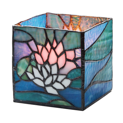 4.75"W Blue Lotus Pond Stained Glass Candle Holder