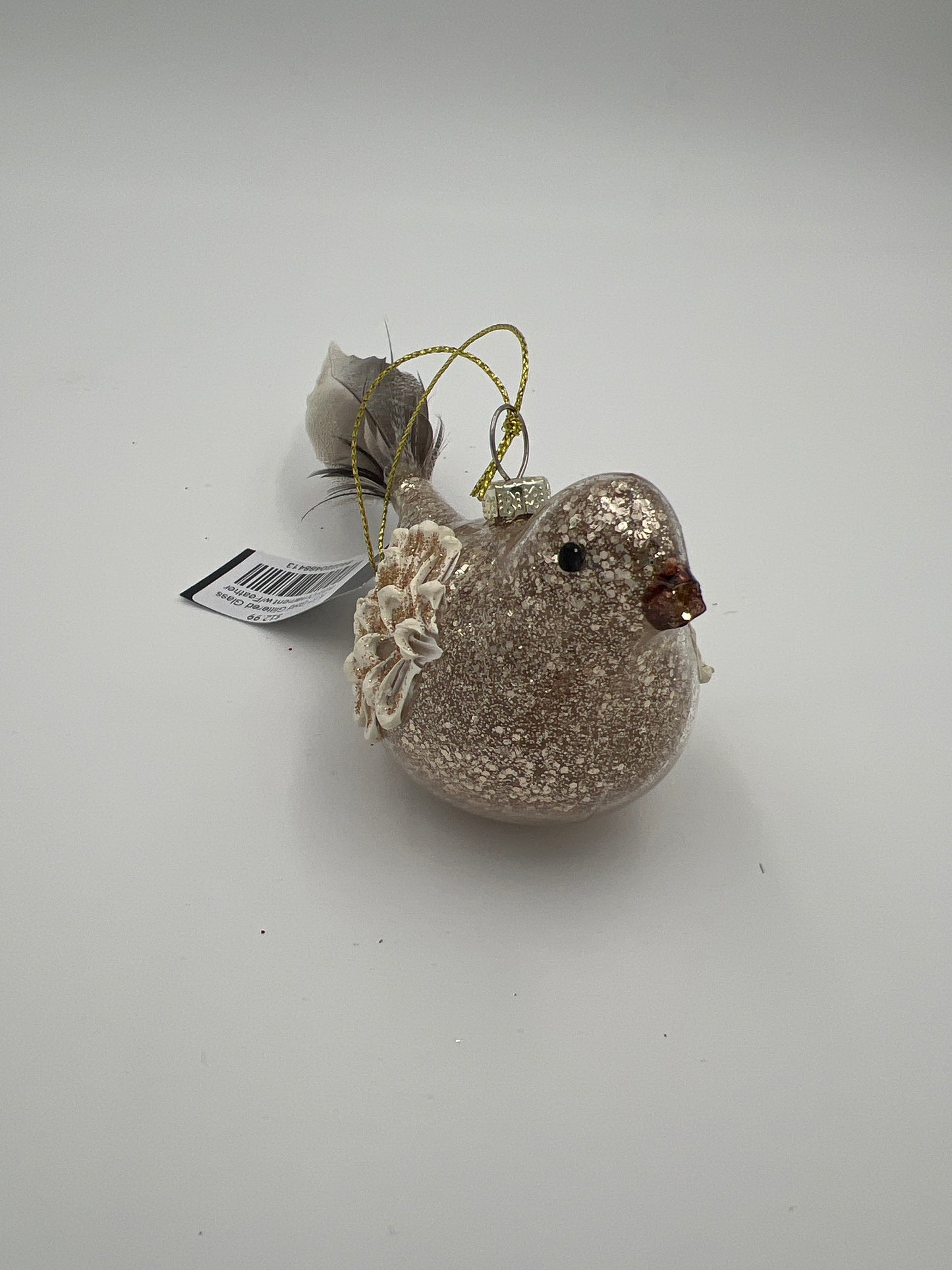 8.5" Gold Glittered Glass Bird Ornament w/Feather