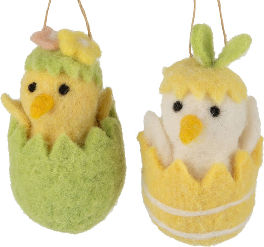 A felt chick in eggshell ornaments