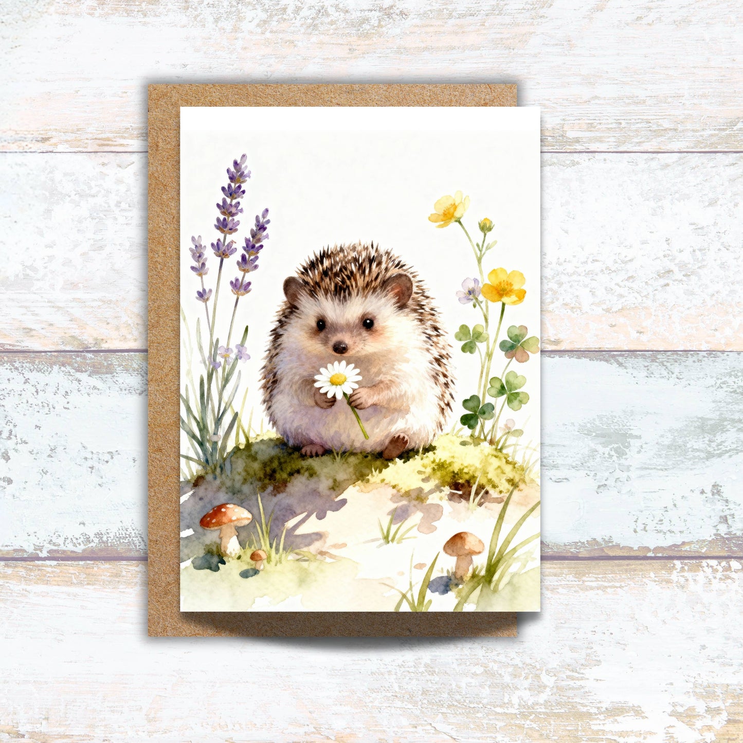 Woodland Hedgehog Holding a Daisy Flower Watercolor Card