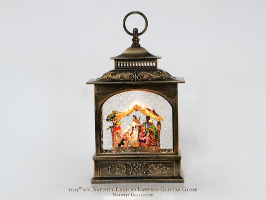 11.25" B/O Lighted Nativity Lantern Glitter Globe