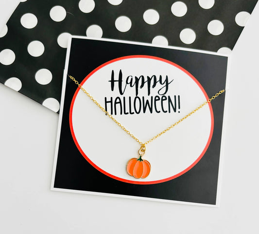 Happy Halloween Pumpkin Necklace On Stationary Card