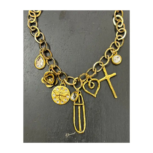 17" Gold-Plated Chain Necklace with Crystal and Antique Gold Charms