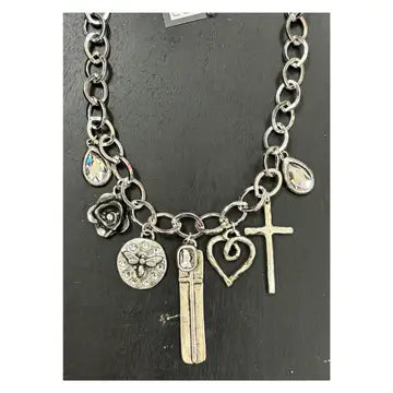 17" Silver Plated Chain Necklace with Antique Silver and Crystal