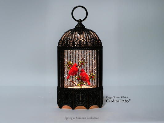 9.85" Lighted Cardinal Birdcage Glitter Lantern Decor