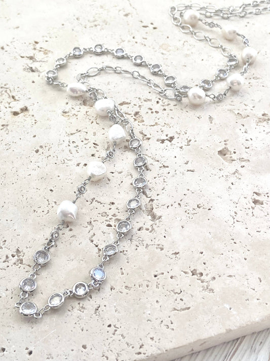 Long Swarovski crystal pearl necklace wrap