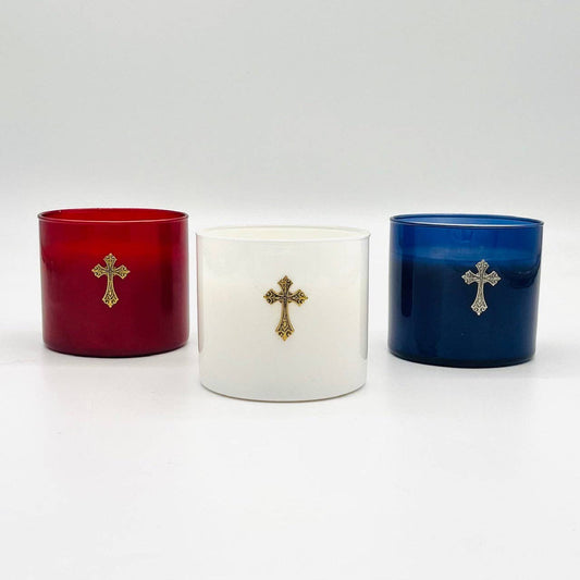 VANILLA BEAN 2 WICK CANDLE-BLUE GLASS WITH SILVER CROSS