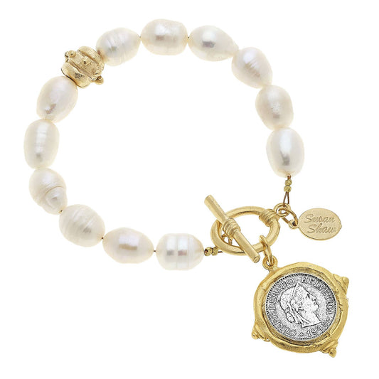 Susan Shaw - Gold and Silver Coin on Genuine Freshwater Pearl Bracelet