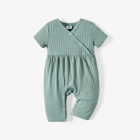 Baby Girl All Over Rabbit  Solid Ribbed V Neck Jumpsuit