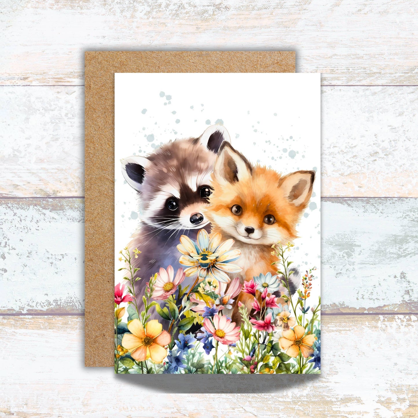 Baby Raccoon and Fox Woodland Friends Watercolor Card
