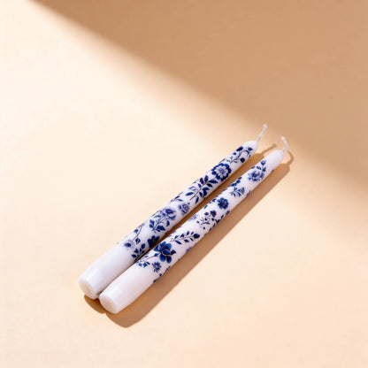 Blue Floral Chinoiserie Taper Candles for Decor and Gifts