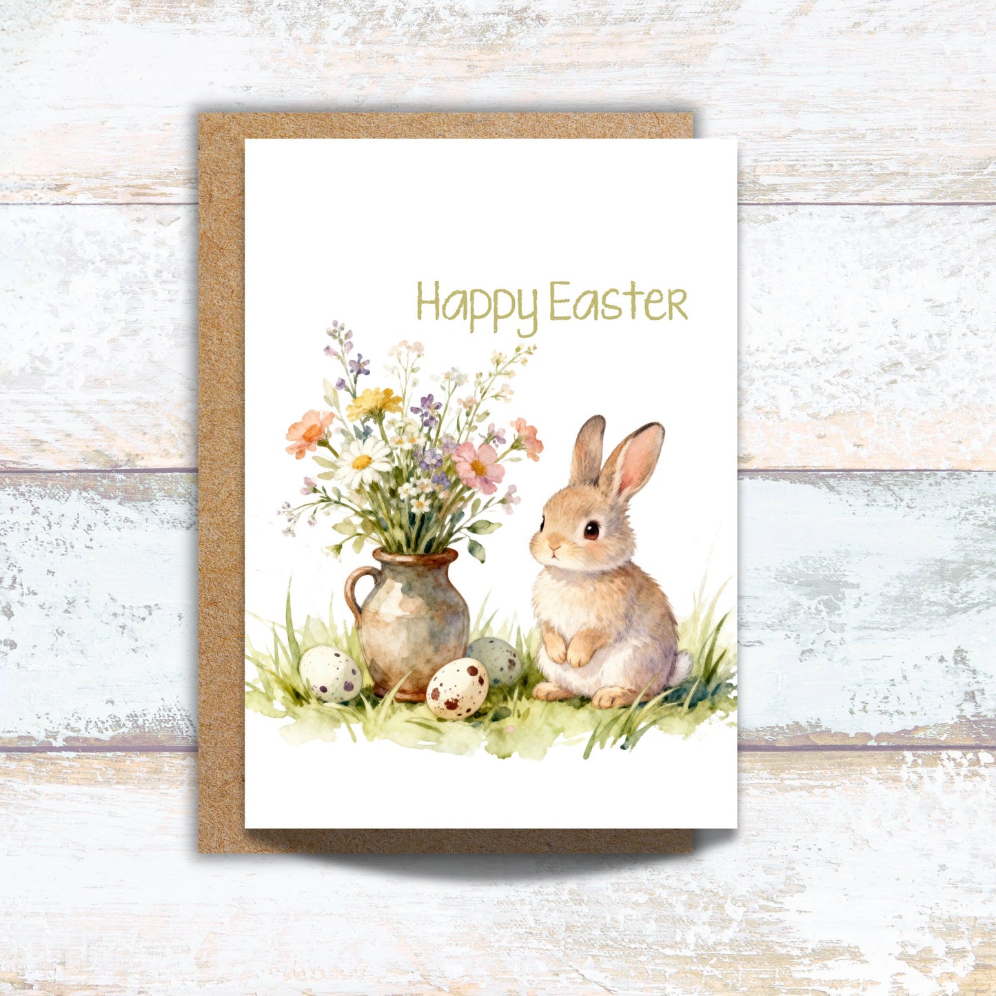 Easter Bunny in Spring Flowers Watercolor Greeting Card