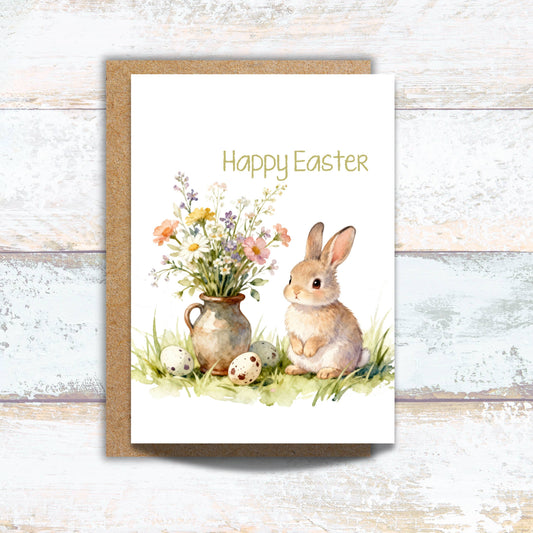 Easter Bunny in Spring Flowers Watercolor Greeting Card
