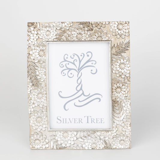 Floral motif picture frame, silver finish