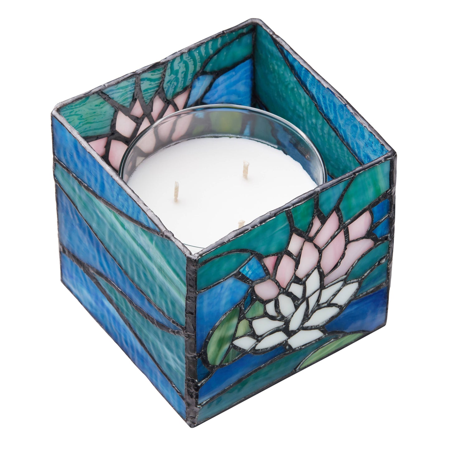 4.75"W Blue Lotus Pond Stained Glass Candle Holder
