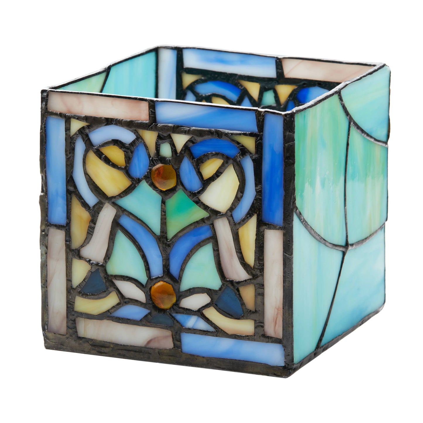 4.75"H Ilsa Blue Flourishes Stained Glass Candle Holder