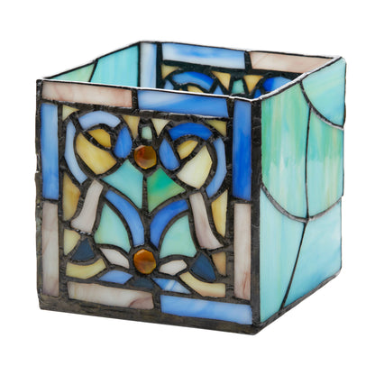 4.75"H Ilsa Blue Flourishes Stained Glass Candle Holder