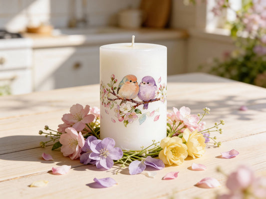 Bird and Flowers Decorative Pillar Candle for Spring, Easter