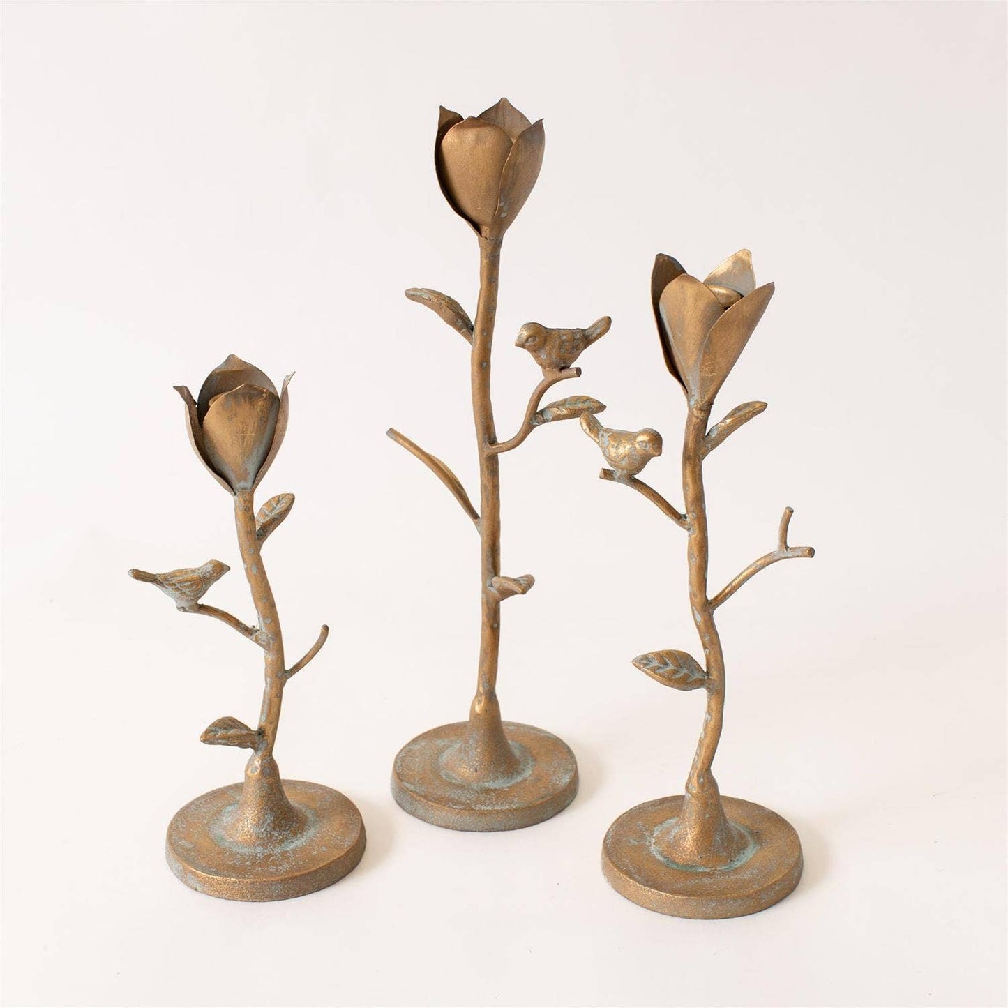 Candle Holder  Flower Stems With Birds (Set Of 3)