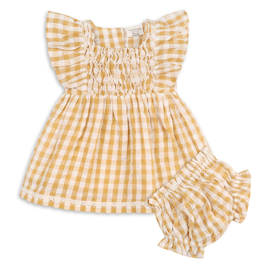 Alina Hand-smocked Seersucker Baby Dress + Bloomer (Organic)