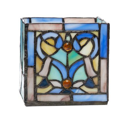 4.75"H Ilsa Blue Flourishes Stained Glass Candle Holder