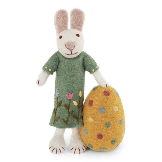 Medium White Girly Bunny w/Green Dress & Big Egg
