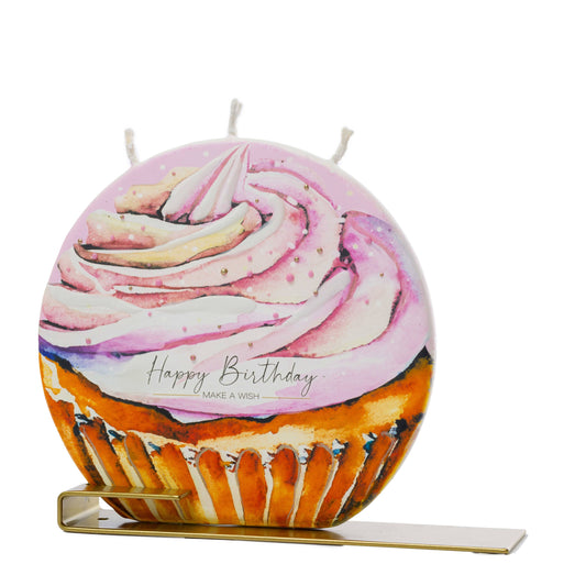 Flat Hand-Crafted 6" Round Candle - Happy Birthday Cupcake