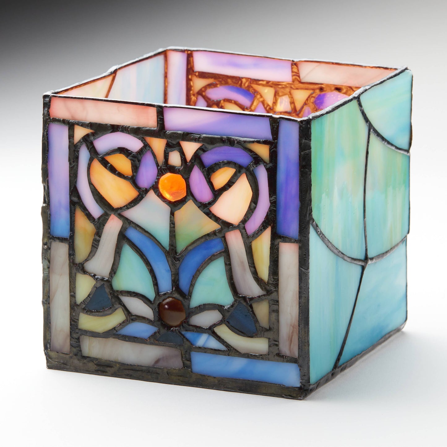 4.75"H Ilsa Blue Flourishes Stained Glass Candle Holder
