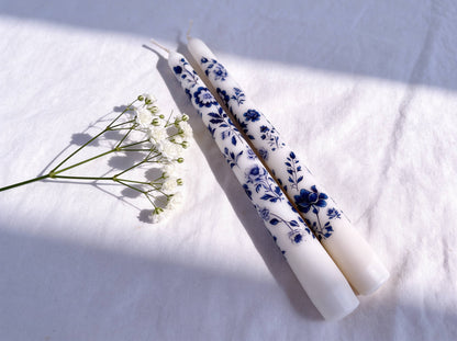 Blue Floral Chinoiserie Taper Candles for Decor and Gifts