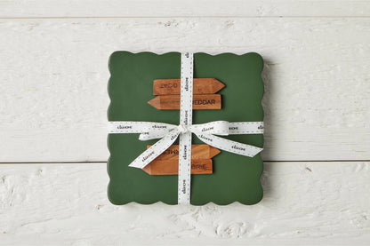Square Scalloped Cheese Board with Cheese Markers, Small, Spruce Green