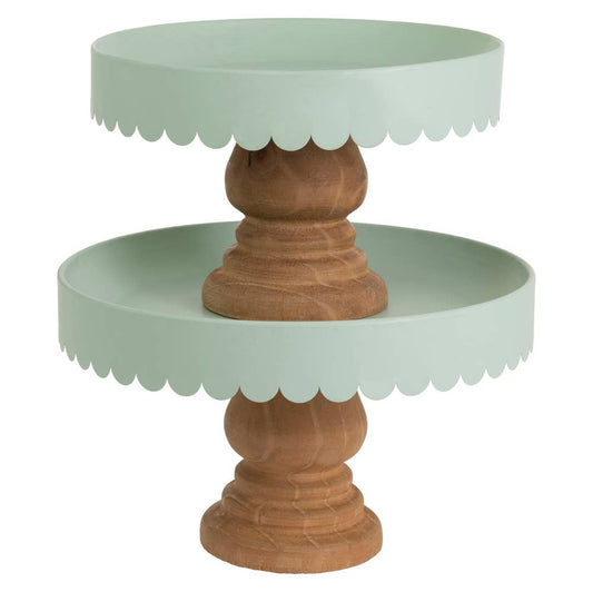 10.25" Sage Scallop Decor Metal & Wood Stands Set of 2