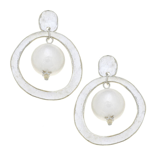 Susan Shaw - Silver Hoops with Cotton Pearl Earrings