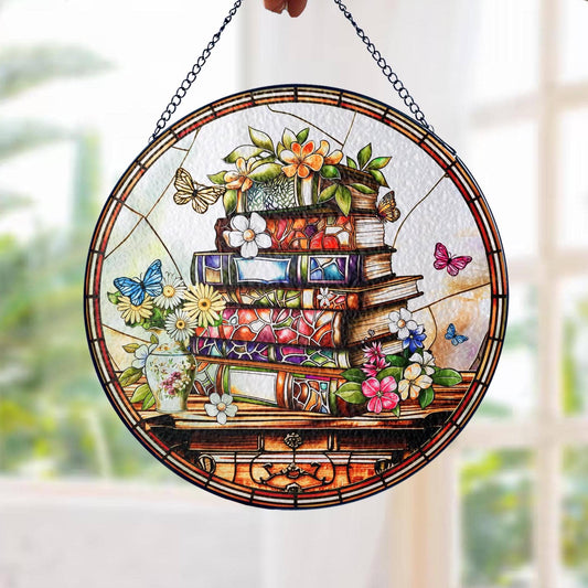 Flower Book Stained Glass Suncatcher, Book Club Ornament