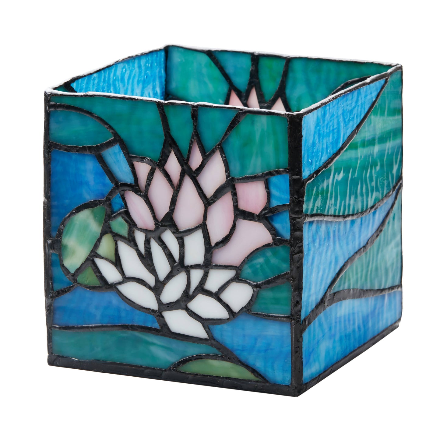 4.75"W Blue Lotus Pond Stained Glass Candle Holder