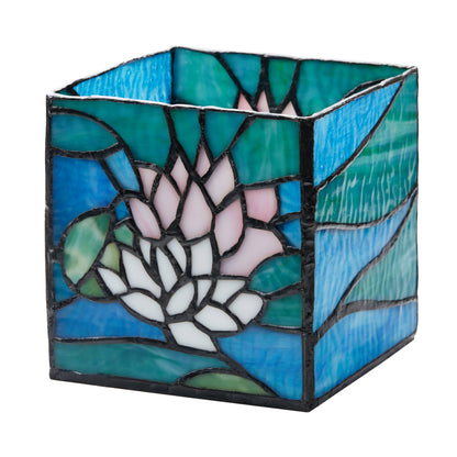 4.75"W Blue Lotus Pond Stained Glass Candle Holder