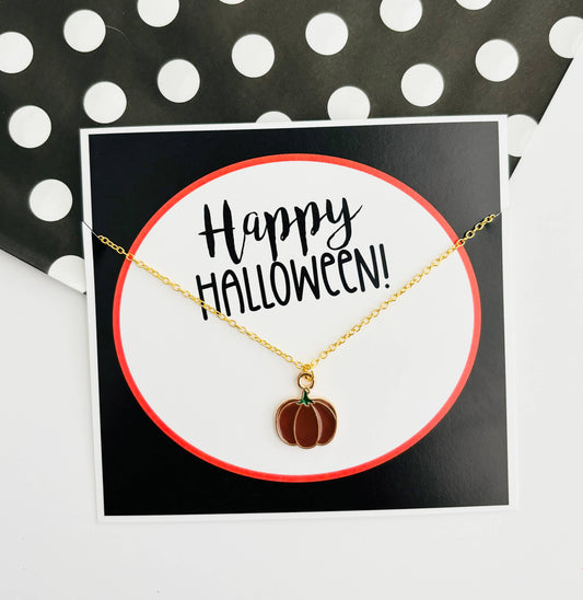 Happy Halloween Pumpkin Necklace On Stationary Card