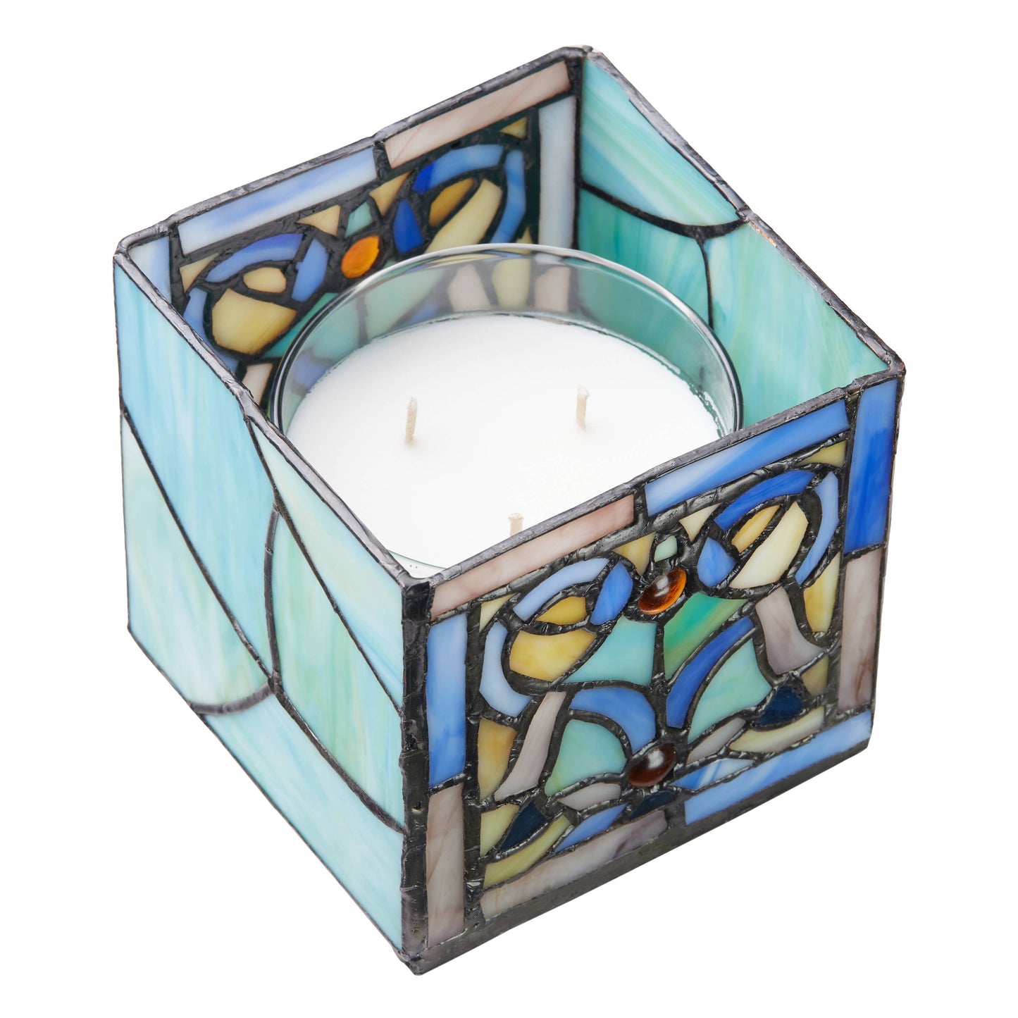 4.75"H Ilsa Blue Flourishes Stained Glass Candle Holder