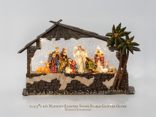 13.375"L B/O Lighted Nativity Glitter Globe, Stone Stable