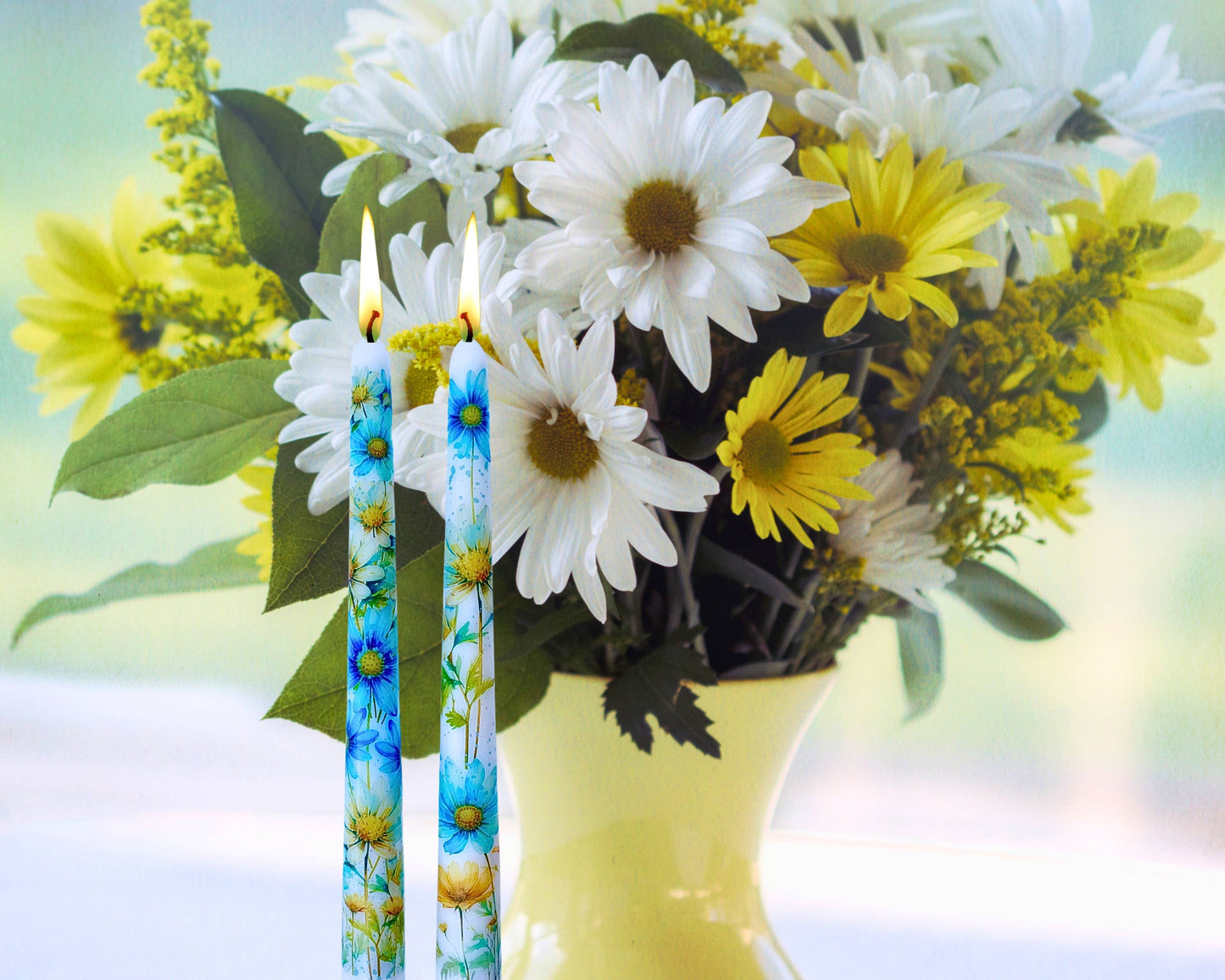 Blue Daisy Taper Candle Home Decor and Gift